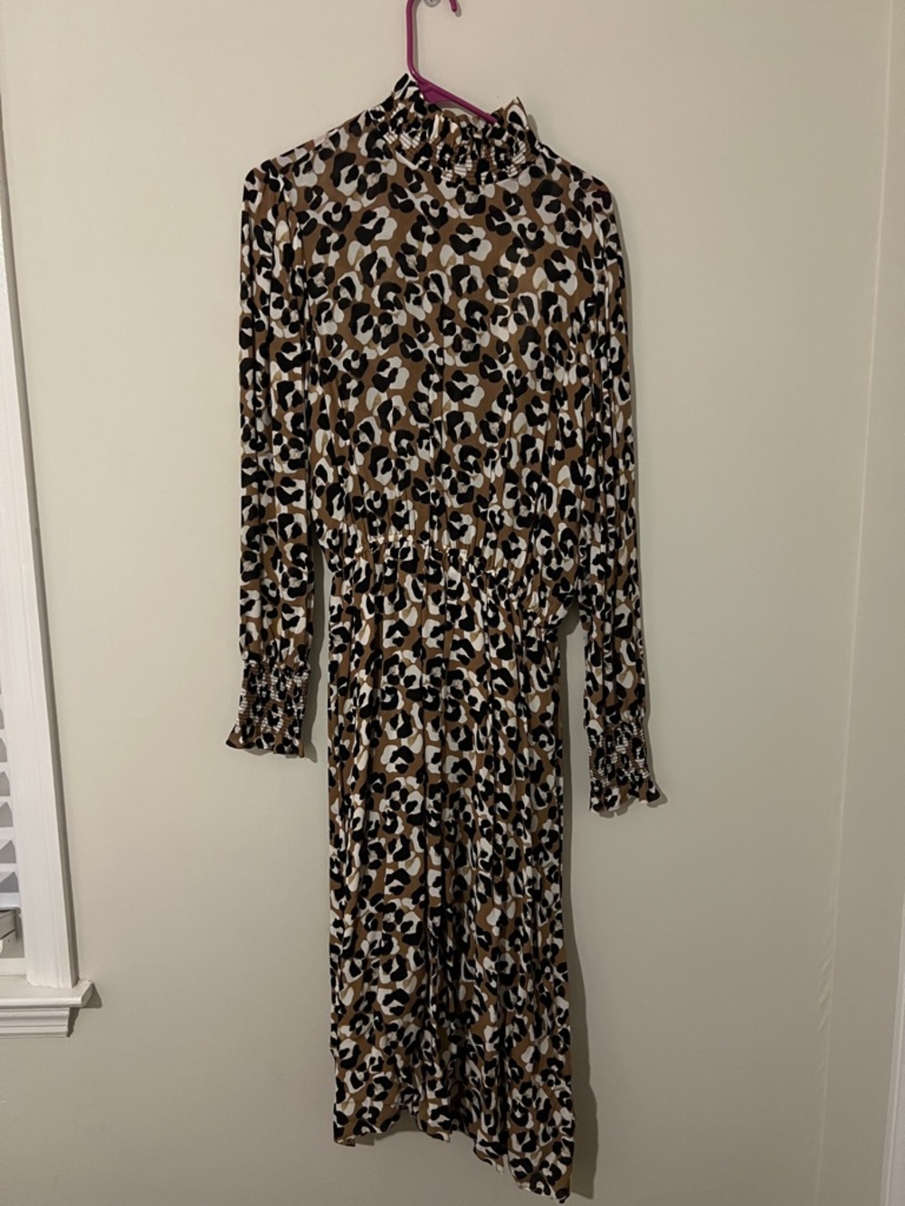 Tyler Boe High Neck Leopard-Print Long Sleeve Midi Dress - Tan/Black/White